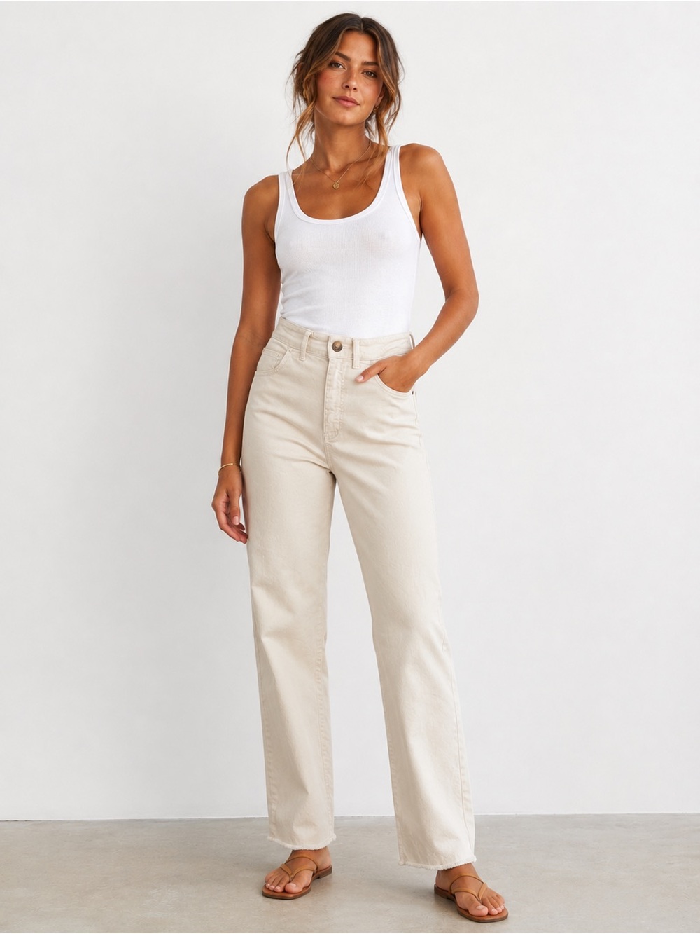 Marine Layer Bridget Pant Cream Full Length Raw Hem Cream SZ 4